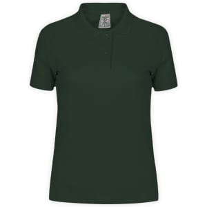 A dark green women's polo shirt featuring a collar and short sleeves, with a logo detail.