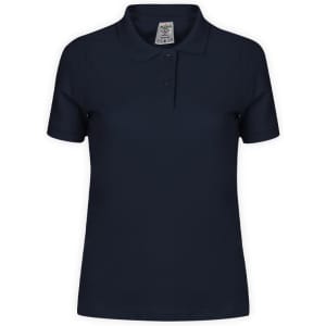 A navy blue women's polo shirt with a classic collar and three buttons, featuring a label inside.