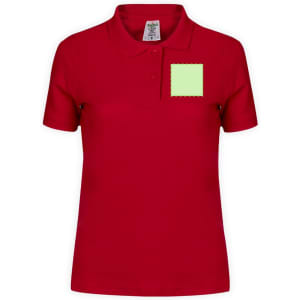 A red women's polo shirt with a plain square patch on the front. It features a logo on the label.