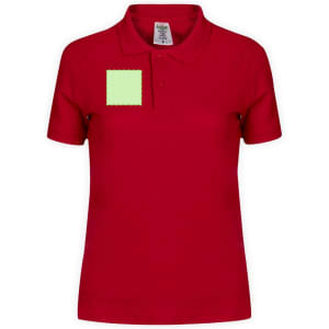 A red women's polo shirt featuring a square patch. The shirt has a collar and short sleeves.