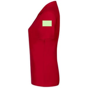 A red women's polo shirt featuring a green square patch on the sleeve and a logo on the front.