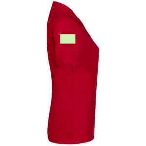 A red women's polo shirt with a green patch on the sleeve and a fitted design. Suitable for casual wear.
