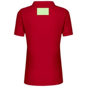 A red polo shirt for women with a plain back and a logo or branding on the upper section.