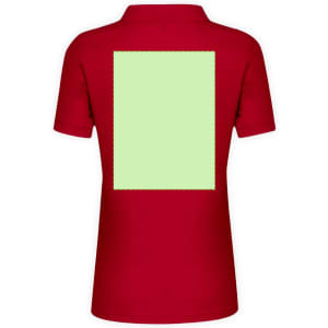 A red polo shirt for women featuring a blank green area on the back and a collar. It has a logo.