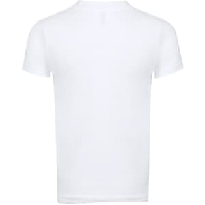 A white children's T-shirt with short sleeves and a plain design, featuring a logo on the back.