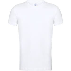 A plain white kids' t-shirt with short sleeves, featuring a logo.