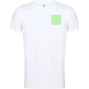 A white kids' T-shirt featuring a green square design area and a logo on the label.