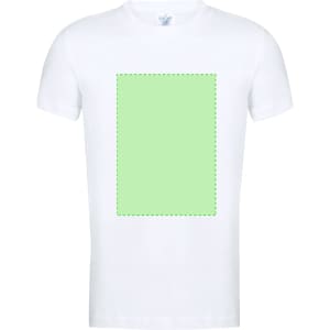 A white kids' t-shirt featuring a blank green area in the centre and a logo on the upper tag.