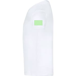 A white kids' T-shirt featuring a patch area on the sleeve, designed for promotional use.