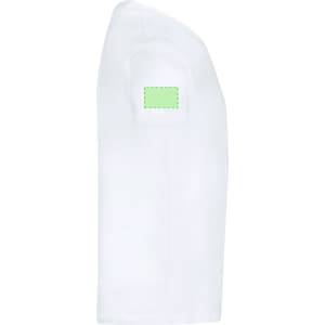 A white kids' T-shirt with a green label on the shoulder. Features a simple, classic design.