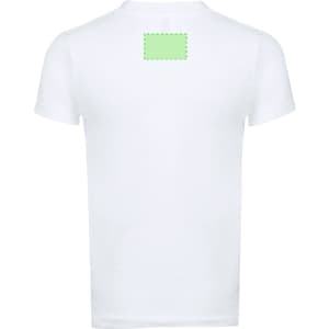 A white kids' T-shirt with short sleeves and a logo or branding on the back.