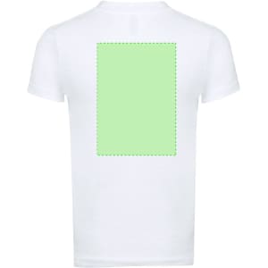 A white kids' T-shirt with a green area on the back for printing. It features a logo.