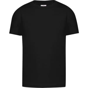 A black kids' t-shirt featuring a round neck and short sleeves, with a logo on the label.