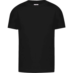 A black kids' t-shirt with short sleeves and a simple design, featuring a logo on the front.