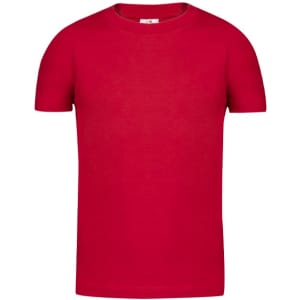 A bright red kids' T-shirt, featuring a classic crew neck design. The shirt has a logo on the label.