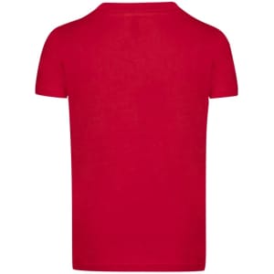 A red kids' colour T-shirt featuring a simple design and a logo on the back. Short sleeves and a classic fit.