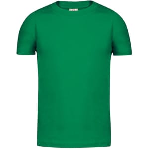 A green kids' t-shirt with a round neckline and short sleeves. It features a logo on the front.