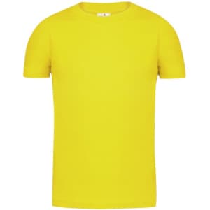 A bright yellow kids' T-shirt with short sleeves, featuring a logo on the front.