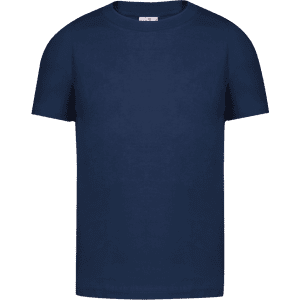 A navy blue kids' T-shirt featuring a round neck, short sleeves, and a logo on the front.