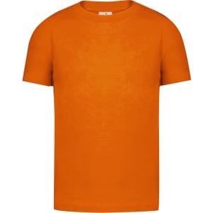 An orange kids' T-shirt featuring a simple design and a logo on the label.