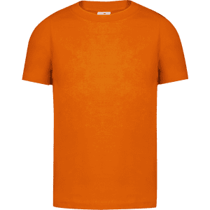 An orange kids' T-shirt featuring a simple design and short sleeves. Includes a logo on the label.