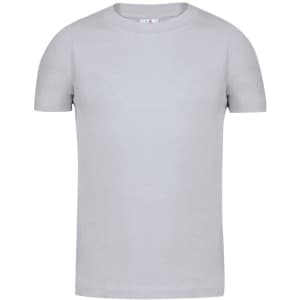 A grey kids' t-shirt with short sleeves and a crew neck, featuring a branding logo.