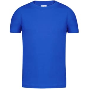 A blue kids' t-shirt with short sleeves, featuring a simple design and a logo on the label.