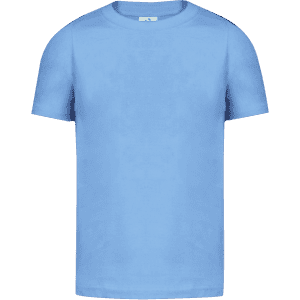 A light blue kids' t-shirt featuring a simple design and a logo on the front.