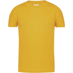 A bright yellow children's T-shirt featuring a simple design and a logo on the label.