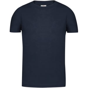 A navy blue kids' T-shirt with a classic crew neck design and short sleeves. It features a logo on the label.