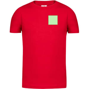 A red kids' T-shirt featuring a green square patch and a logo on the front, suitable for casual wear.