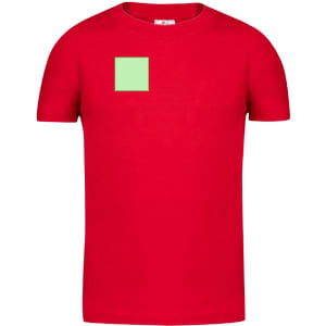 A bright red children's T-shirt featuring a green square design. The shirt has short sleeves and a crew neck.