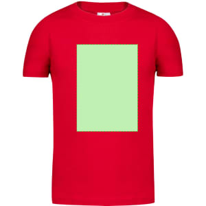 A red kids' T-shirt featuring a large green rectangular area on the front. The shirt has a branding logo.