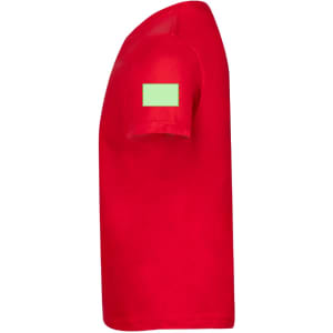 A red kids’ T-shirt features a short sleeve and a plain patch on the shoulder.