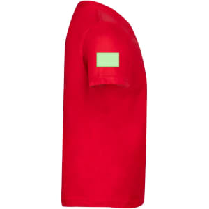 A red kids' T-shirt with a blank area on the sleeve for branding or customisation.