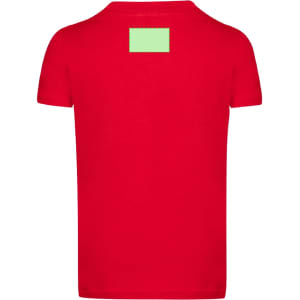 A red kids' T-shirt with a green label patch on the back. It has a simple, classic design.