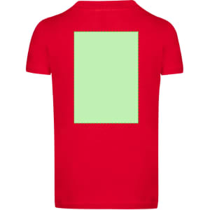 A red kids' T-shirt featuring a plain green rectangular area on the back, with a logo.