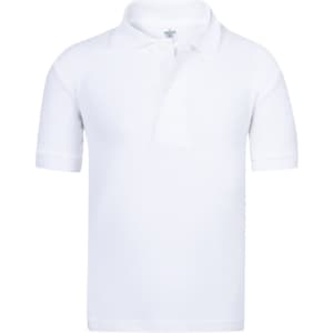 A white polo shirt with a collar and short sleeves, featuring a logo on the upper left side.