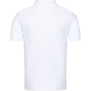 A white kids' polo shirt featuring a plain design and a branding logo on the back.
