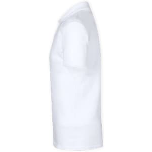 A white kids' polo shirt with a short sleeve and a collar, featuring a logo on the chest.