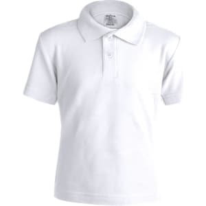 A white polo shirt with a collar and short sleeves, featuring a branding logo.