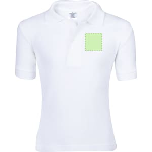 A white kids' polo shirt featuring short sleeves and a square area for branding or logos.