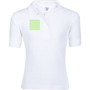A white short-sleeved polo shirt featuring a blank area for branding or logos.