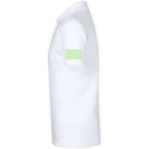 A white polo shirt for kids featuring a short sleeve and a green patch on the arm.