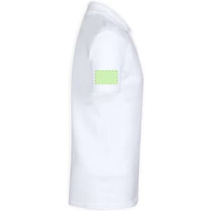 A white kids' polo shirt featuring a green patch on the sleeve and a classic collar design.