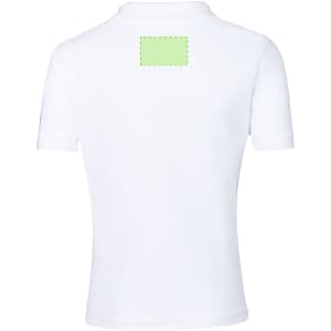 A white kids' polo shirt with a plain back and a green label area.