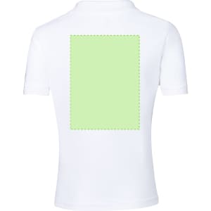 A white polo shirt featuring a blank green area on the back and a small logo on the front.