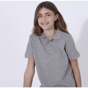 A grey polo shirt for kids featuring a collar and short sleeves, with a logo on the left side.