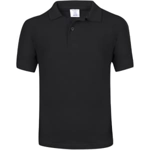 A black polo shirt with a collar, featuring two buttons and a logo on the sleeve.
