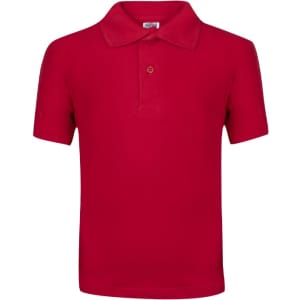 A bright red polo shirt with a classic collar and a single button, featuring a logo on the chest.